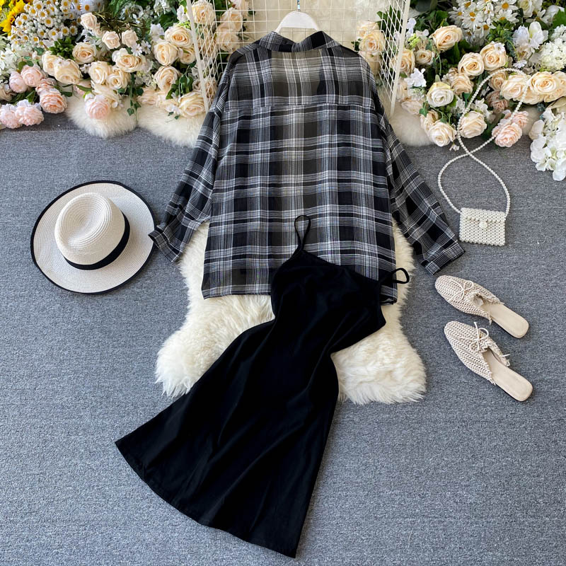 Two Piece Set Long Sleeve Plaid Grey Overcoats Spaghetti Strap Slim Dress