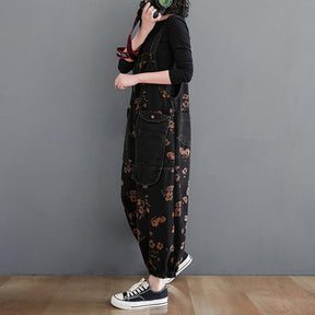 Loose Jeans Black Jumpsuit Casual Ladies Big Pockets Print Floral Denim Overalls Straps Rompers