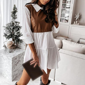 Long Sleeve Mini Shirt Dress For Women White 2022 Spring PU Leather Patchwork Plaid Dresses