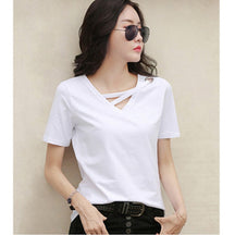 summer short sleeve women white t-shirt women V-neck loose black top casual t shirt women