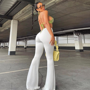 Women Slim Flare Pants Low Waist Drawstring Ruched Wide Leg White Trousers Joggers Sweatpants