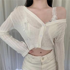 Butterfly Knit Cardigans Women V-Neck Crop Tops Ladies Summer Thin Long Sleeved