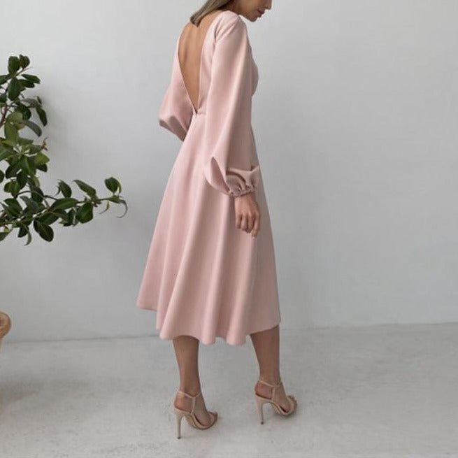 Sexy Backless Midi Long Dresses Lantern Sleeve O-Neck Autumn Folds A-Line For Women