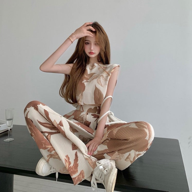 Summer Two-piece Women Printed Sleeveless Vest + Casual Mopping Trousers Female Sets