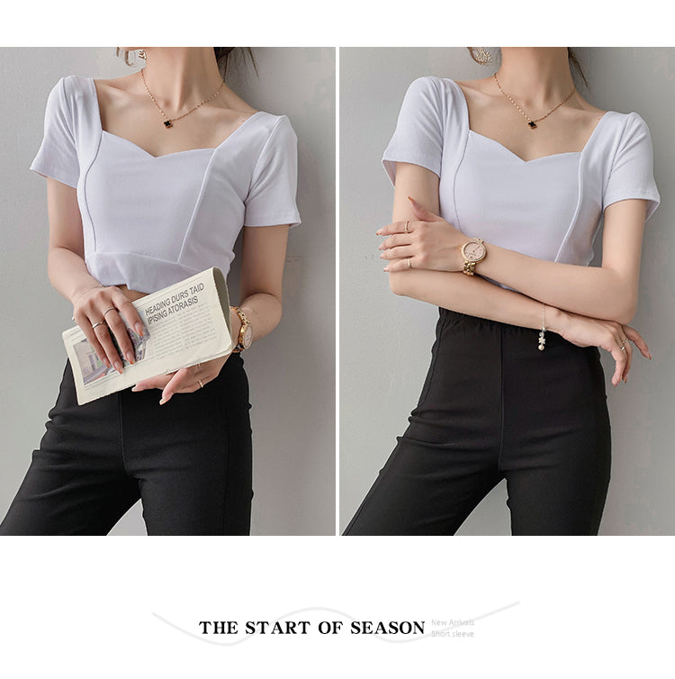 French Clavicle Square Collar Tops Women High Waist Croped Top Short Sleeve T-shirt Female