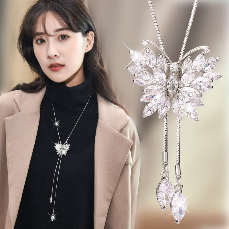 Collier Femme Long Gray Crystal Necklaces & Pendants for Women Round Statement Necklace