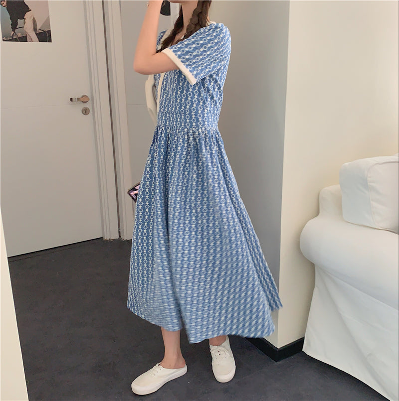 Women Summer V Neck Jacquard Floral Long Dress High Waist Short Sleeve Exquisite Midi Dresses