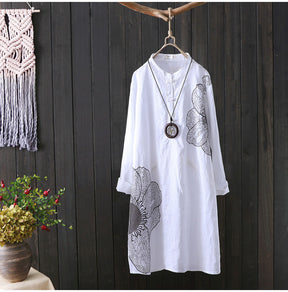 Cotton Shirt Long Sleeve Embroidery Blouse Stand Collar Loose Long Top Office Lady Casual Wear