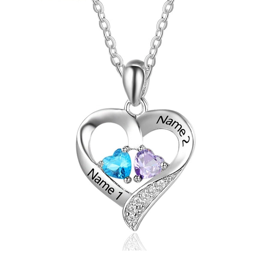 Collana con nome in argento sterling 925 con ciondolo a forma di cuore con 2 pietre portafortuna