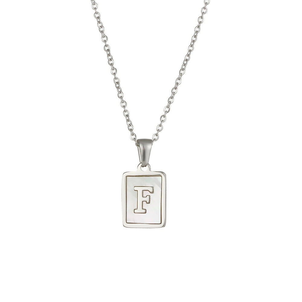 18K Golden Chain Necklaces Male Square Natural Shell Initial Letters Pendant Stainless Steel Jewelry