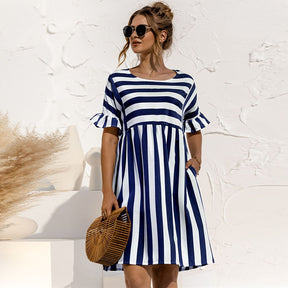 Spring Summer Dress Cute Loose Striped Print Ruffles Sleeves Dresses Elegant A Line Patchwork Beach Dress Vestidos