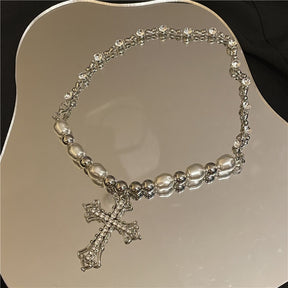 Bling Cross Pendant Necklaces for Women Girl Gift Wedding Neck Jewelry Goth Pearl Necklace