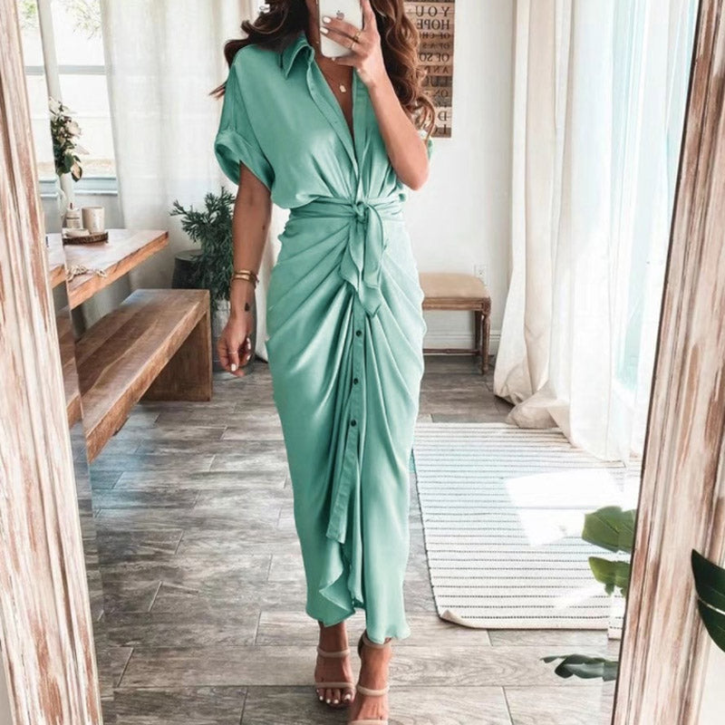 Women Summer Short Sleeve Slit Long Dress Turn-down Collar Elegant Button Draped Party Dresses