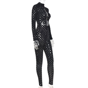 Sexy Hollow Out See Through Long Sleeve Jumpsuits Women Hole Grunge Skinny One Piece Rompers