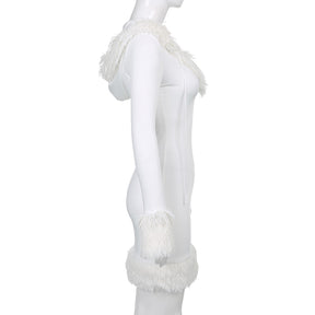 Furry White Bodycon Minikleider Damen Herbst Langarm Kleid mit V-Ausschnitt und Kapuze