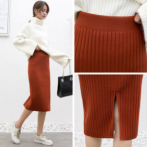 High Waist Women Knitted Skirt Spring Autumn Fashion Rib Skirt Elegant Midi Skirt