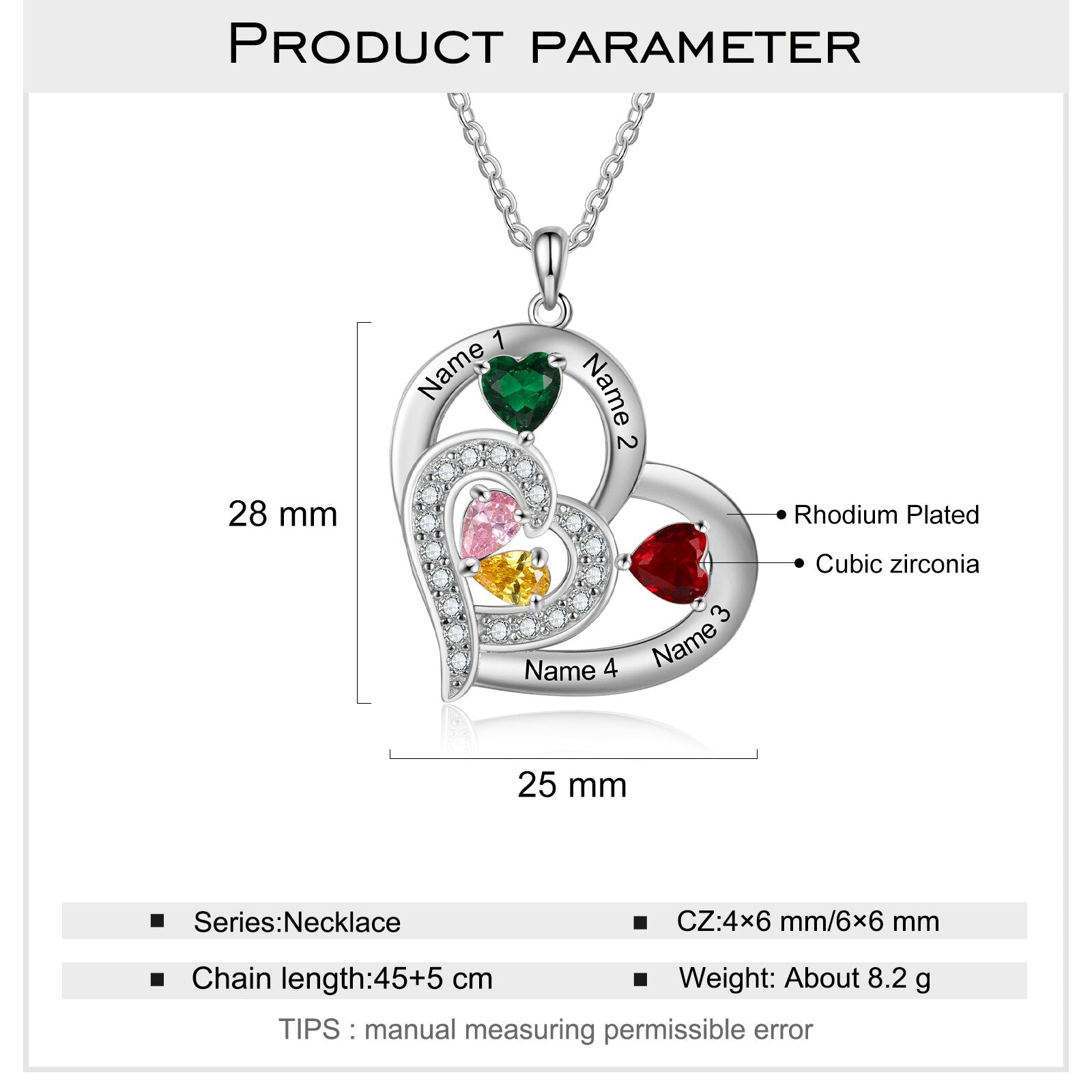 Personalized 1-6 Name Engraving Heart Pendant DIY Birthstone Necklace