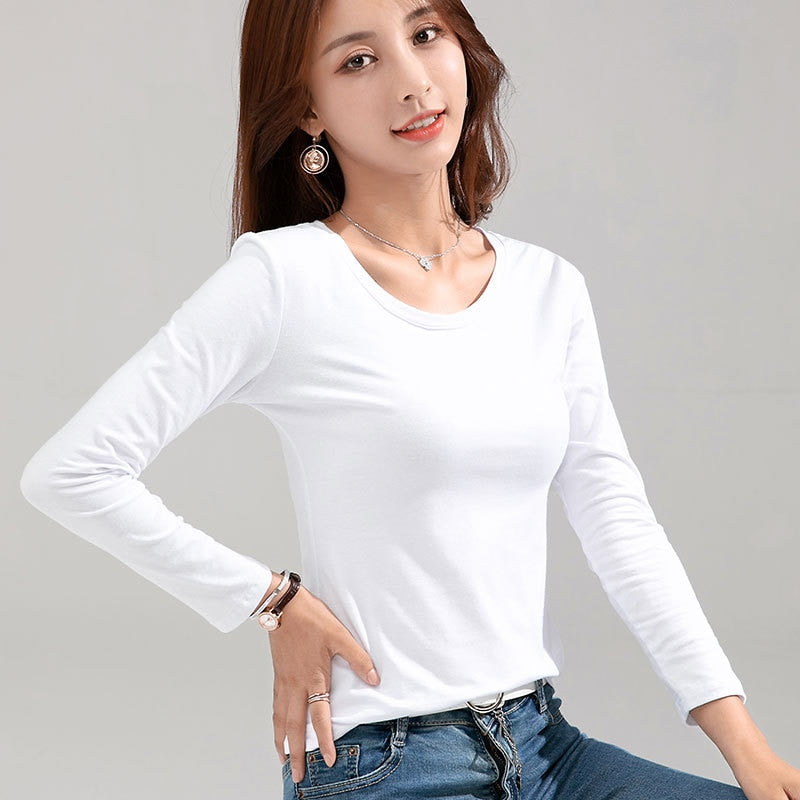 T-shirt Slim Pure Cotton 95% Women T-shirt Long-sleeved for Female Thin Tops Woman Tees Shirt