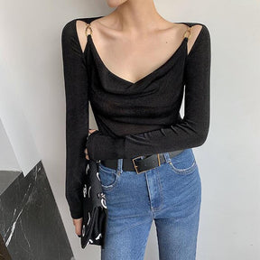 Sexy Swing Collar Cropped Tops Frauen Herbst Metall Design Skinny Langarm T-Shirt Outwear