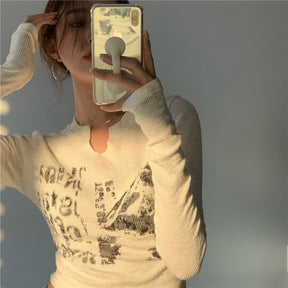 Knitted Crop Top Vintage Aesthetic Letter Printed Long Sleeve T-Shirts Sexy Slim Fit Tee Tops