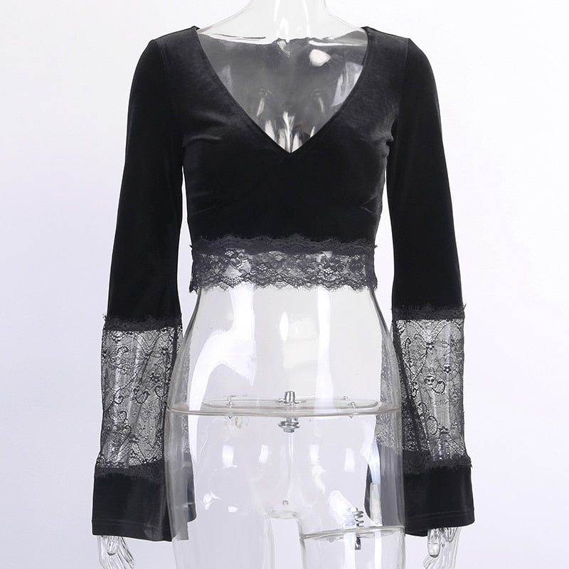 Ins Goth Sexy Women Gothic Crop Top Flare Long Sleeve Lace Hollow Out Black  V-neck T-shirt