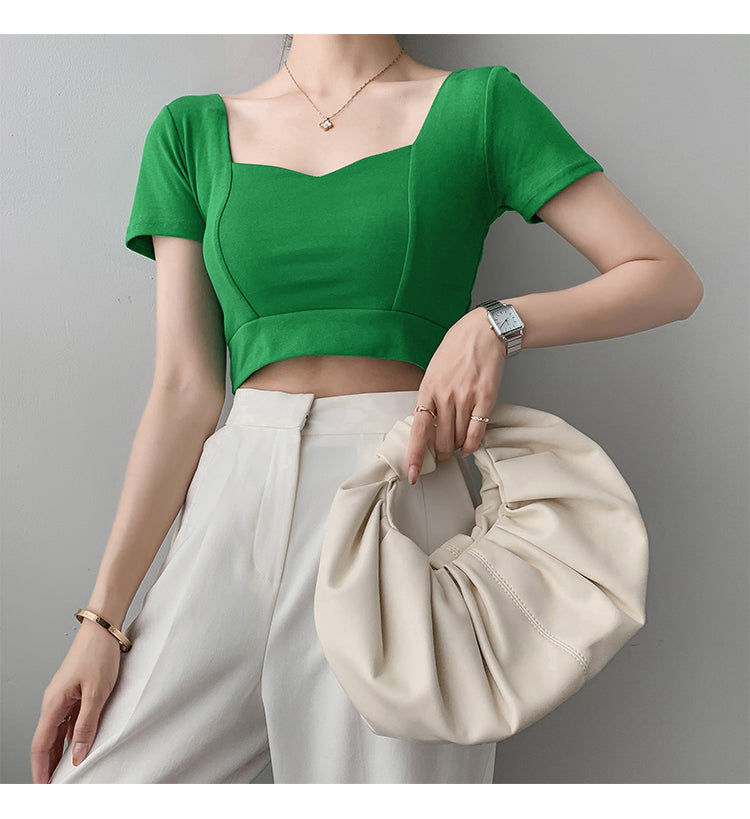 French Clavicle Square Collar Tops Women High Waist Croped Top Short Sleeve T-shirt Female