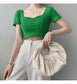 French Clavicle Square Collar Tops Women High Waist Croped Top Short Sleeve T-shirt Female