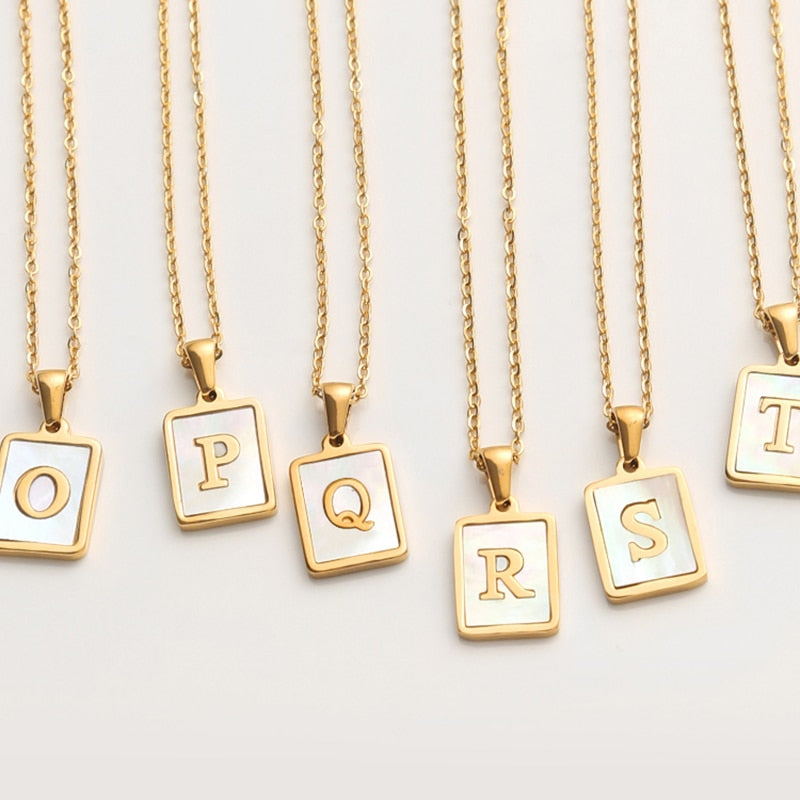 18K Golden Chain Necklaces Male Square Natural Shell Initial Letters Pendant Stainless Steel Jewelry