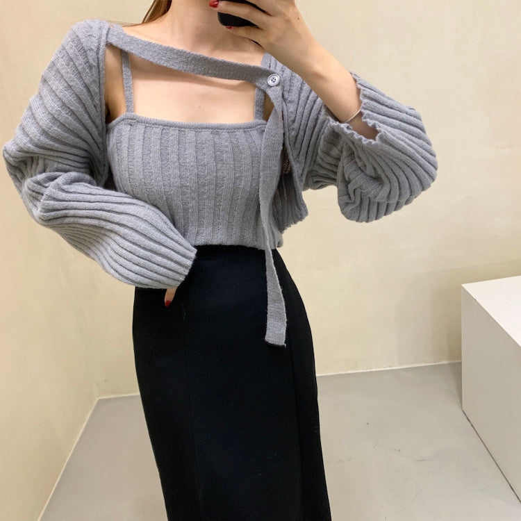 Camisole Knitted Cardigans Women Two Piece Sets 2021 Autumn Sweater Jacket Woman