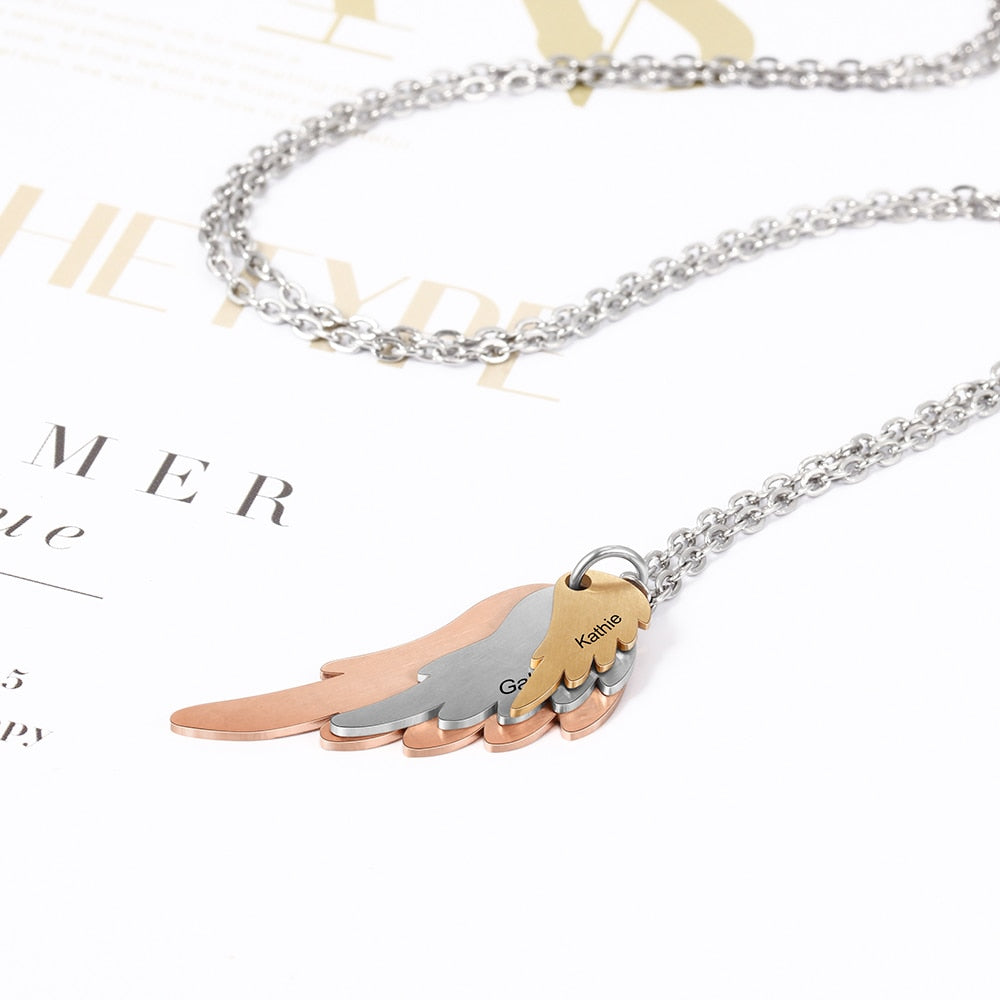 Wings Necklace with 3 Names Mixed Steel & Rose Gold & Gold Color Custom Family Necklace