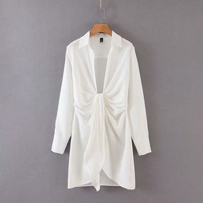 mini dress summer long sleeves women irregularity pleated vocation style loose white shirtdress