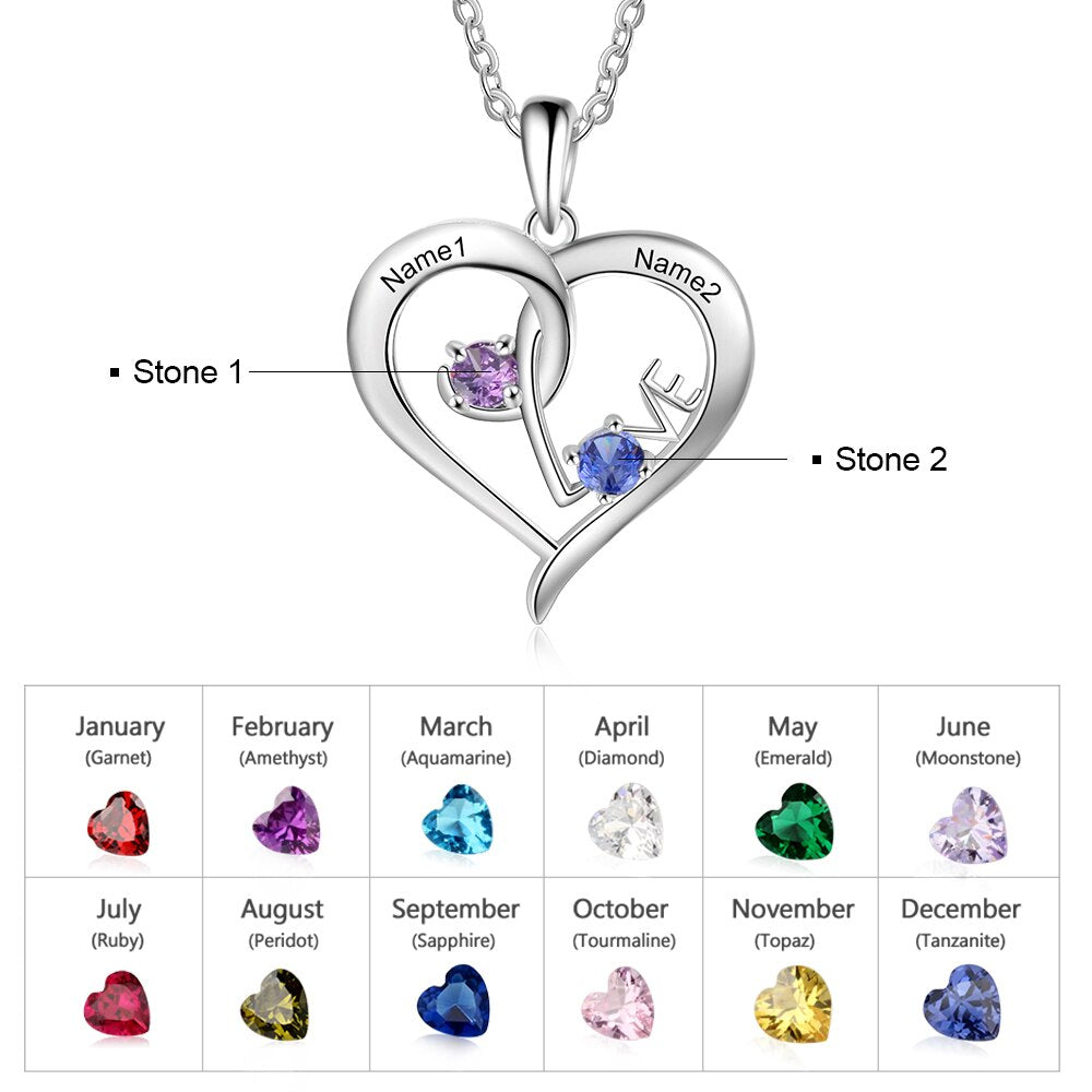 Personalized Heart Necklace with Birthstone Custom Name Engraved Pendant