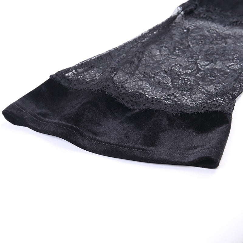 Ins Goth Sexy Women Gothic Crop Top Flare Long Sleeve Lace Hollow Out Black  V-neck T-shirt