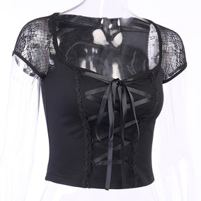 Tops Goth T-shirt Women Bodycon Bandage Lace Black T-shirts Gothic Streetwear Female Top