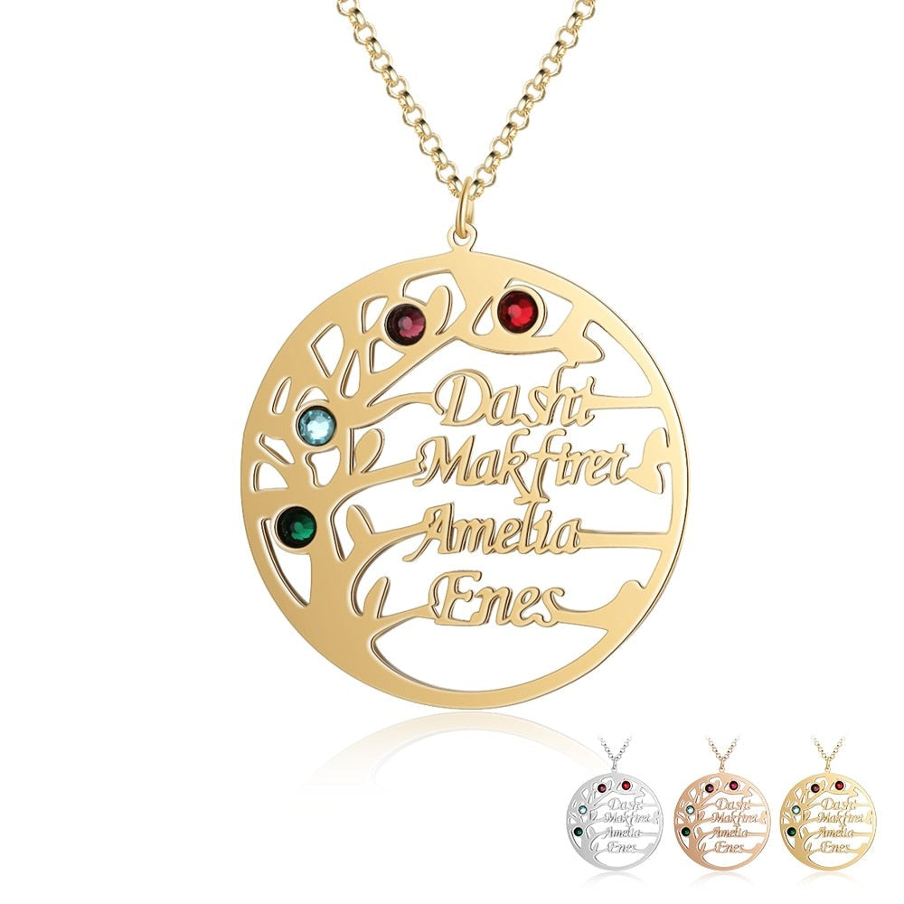 Family Tree Necklace with 4 Birthstones Name Necklace