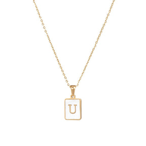 18K Golden Chain Necklaces Male Square Natural Shell Initial Letters Pendant Stainless Steel Jewelry