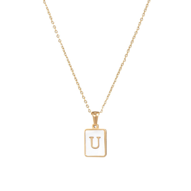 18K Golden Chain Necklaces Male Square Natural Shell Initial Letters Pendant Stainless Steel Jewelry