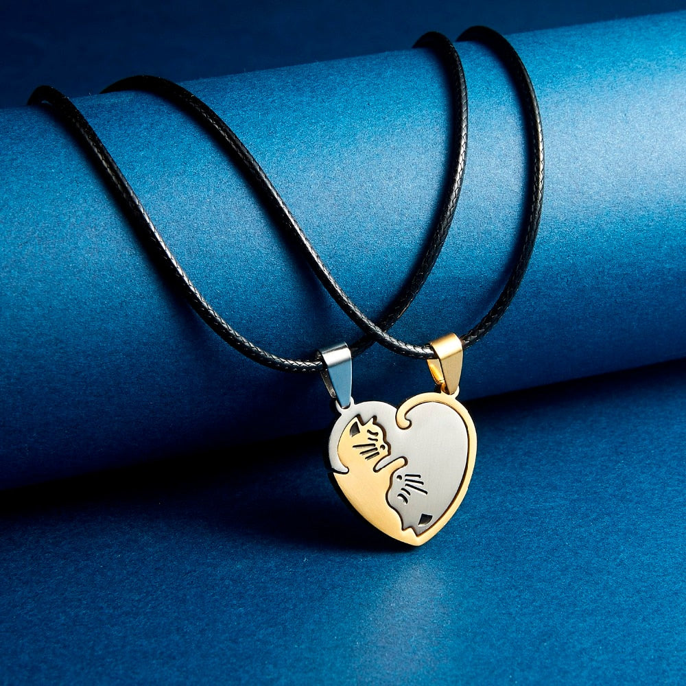 Collana con cuciture a forma di gatto bianco nero Amicizia a forma di cuore Gioielli in coppia con gatto bianco in oro