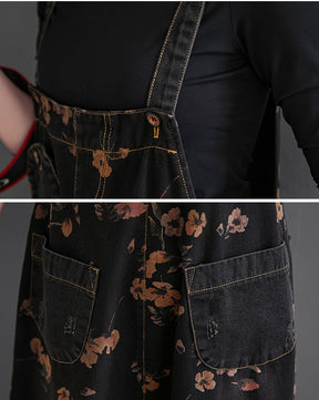 Loose Jeans Black Jumpsuit Casual Ladies Big Pockets Print Floral Denim Overalls Straps Rompers