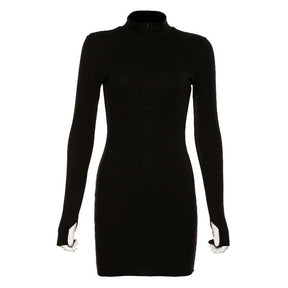 Spring Autumn Stretch Slim Soft Ribbed Knitted Turtleneck Casual Bodycon Zip Dress