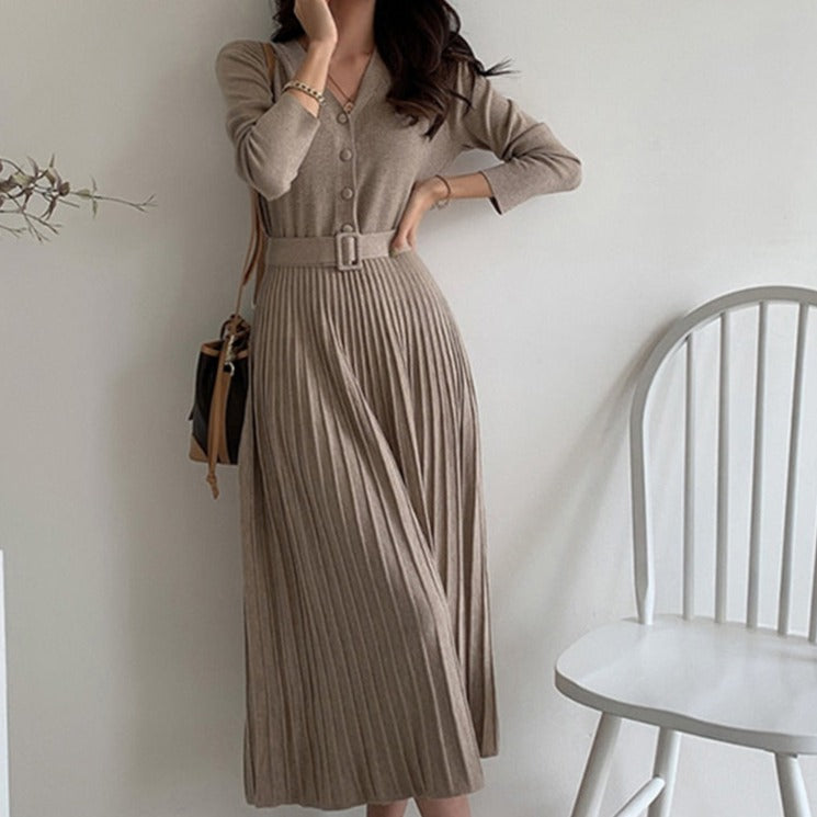 Single-breasted Women Sweater Dress Knitted Belted Female A-line soft dresses