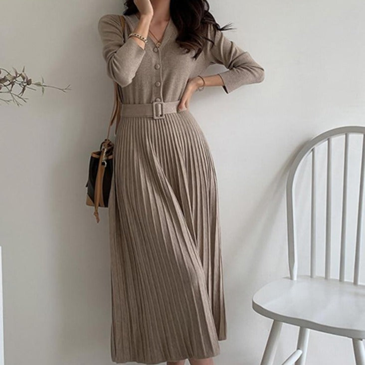 V-neck Single-breasted Women Thicken Sweater Dress Knitted Belted Female A-line soft dresses