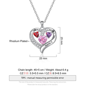 Name Engraved Heart Necklaces for Customized 3 Birthstone Necklace