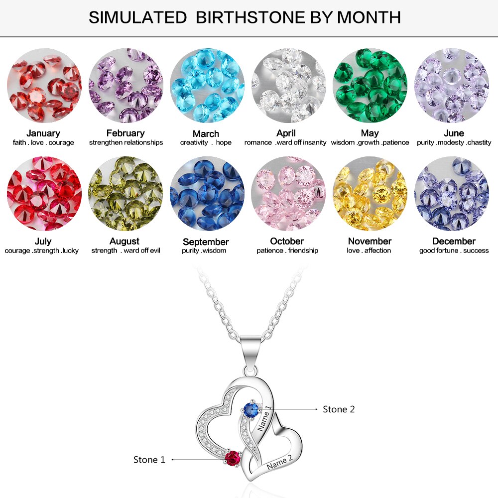 Customized 2 Birthstones Intertwined Heart Necklace Wedding Jewelry