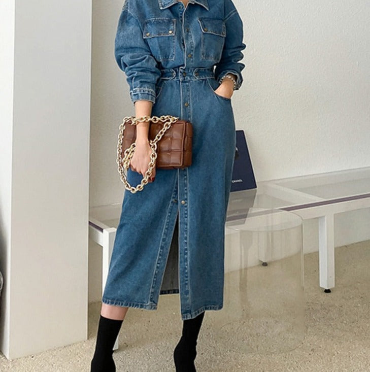 Denim Dress Full Sleeve Single-breasted Pockets Slim Waist Mid-length