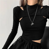 Hollow Knitted Crop Tops Women New Fitness Fake Two-piece T-shirt Female Long Sleeve Tops