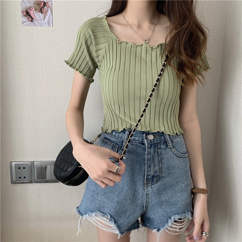 Women Off Shoulder T-shirts Knitted Ruffles Hem Crop Tops Short Sleeve T-shirts