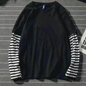 Fake Two Striped Color Matching Stitching Long Sleeve Women  T-shirt Hip Hop Style Bottoming Shirt