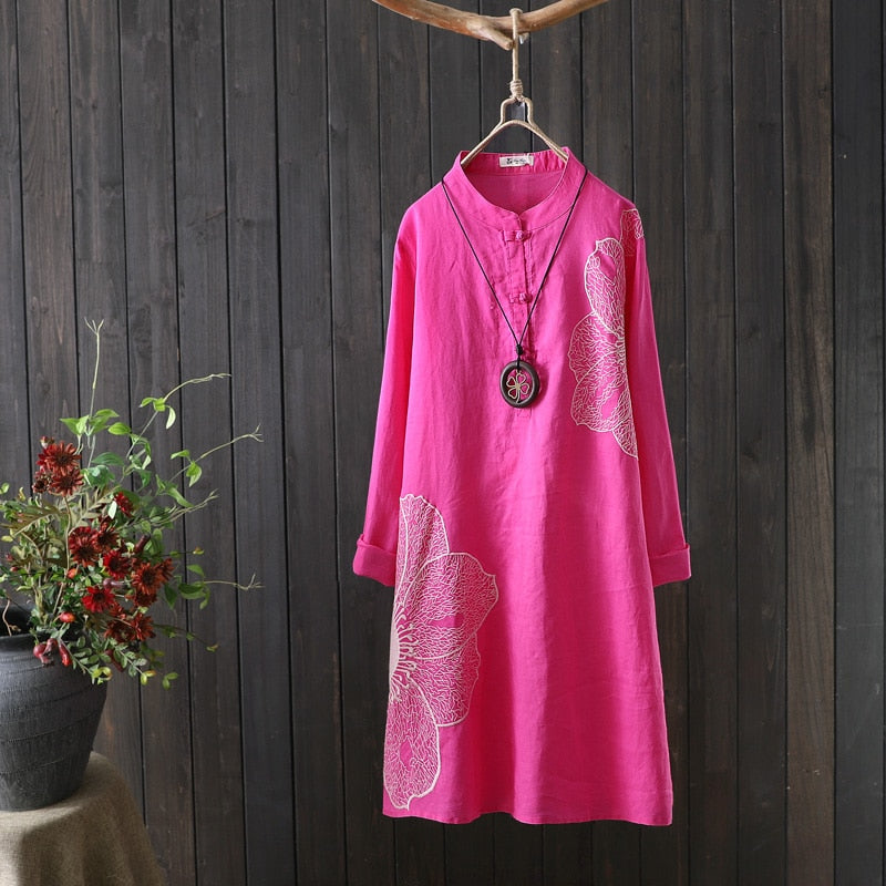 Cotton Shirt Long Sleeve Embroidery Blouse Stand Collar Loose Long Top Office Lady Casual Wear