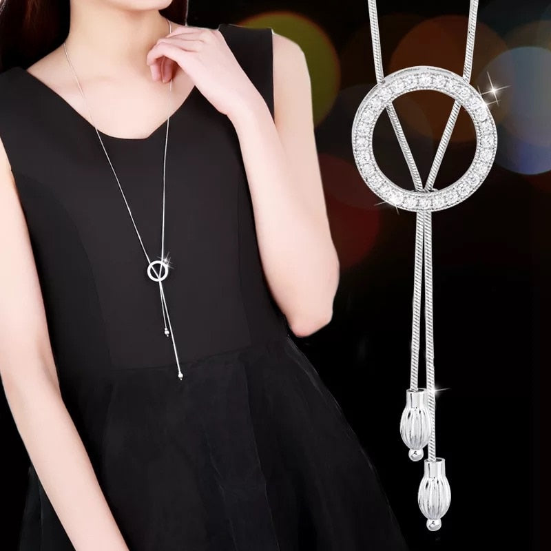 Collier Femme Lange Graue Kristallhalsketten und Anhänger für Damen Runde Statement-Halskette